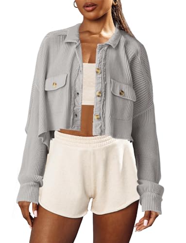Image of Panadila Women's Cropped Waffle Knit Shacket Short Button Down Jacket Batwing Sleeve Shirts with Pocket