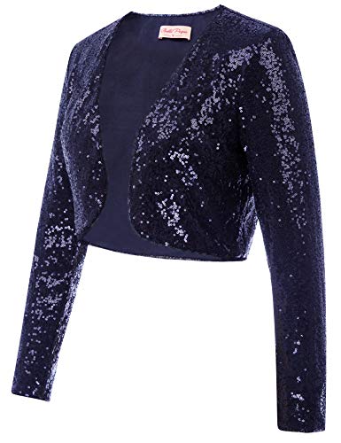 Belle Poque Women's Sequin Shrug Plus Size Bolero Open Front Cardigan Cropped Coat Jacket for Party (Navy,2XL)