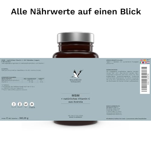 MSM + Vitamin C - 2000mg Methylsulfonylmethan + natürliches Vitamin C (Acerola) - 365 vegane Tabletten für 6 Monate - ohne Zusatzstoffe - laborgeprüft - Balanced Vitality
