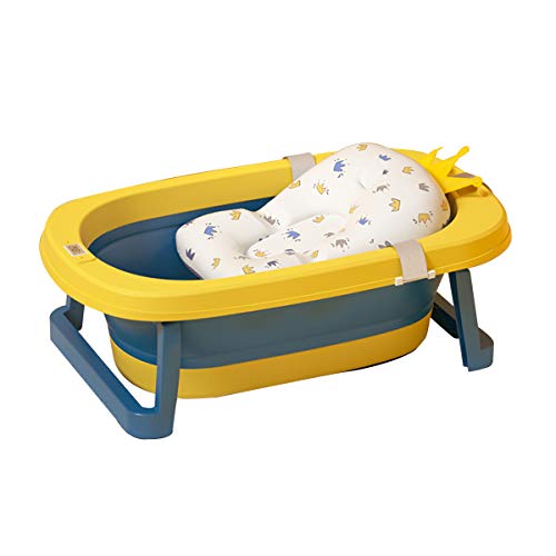 Faltbar Babybadewanne faltbare Neugeborenenbadewanne mit intelligentem Echtzeit-Temperatursensor Kinderbadewanne mit Sicherheitsbadesitz babybadewanne mit ständer (Dunkelblau+Gelb) Cover