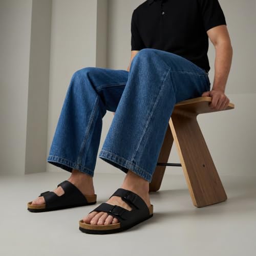 Image of CUSHIONAIRE Lane Cork Footbed Mens Sandals, Adjustable Buckle Comfort Slides for Men, Genuine Leather Insole Summer Sandals Men Footwear