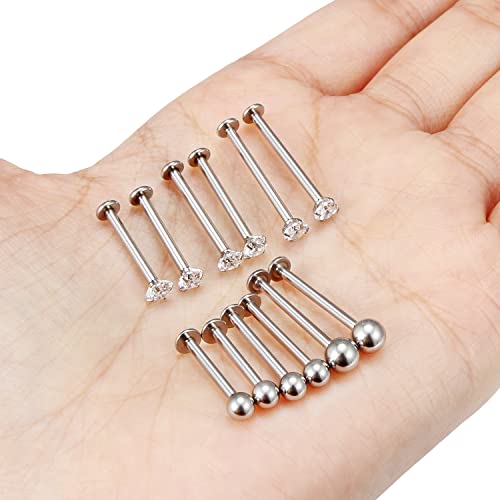 Ftovosyo 12Pcs 14G 16G Cheek Piercing Jewelry Stainless Steel Dimple Rings Labret Long Tongue Barbell Body Piercing Jewelry for Women Men Bar Length 14mm-19mm3