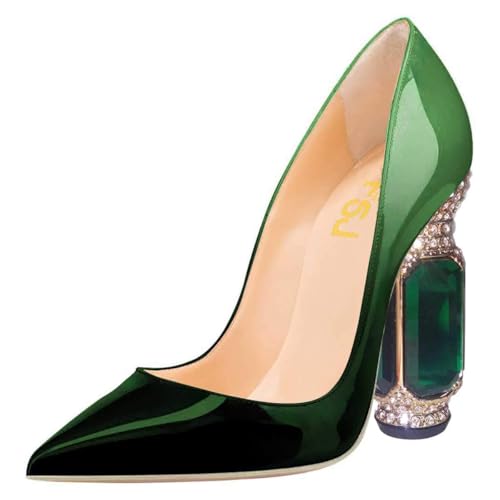 FSJ Women Bridal Pointed Toe Chunky High Heel Crystal Pumps Slip on Wedding Thick Comfort Unique...