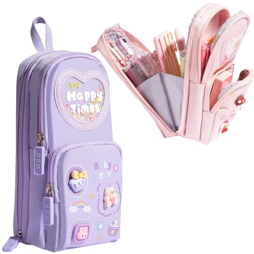 Cute Carton Pencil Case Bear Strawberry Bunny Ice Cream 3 Layers Large Capacity Pen Case Cosmetics Organizer Box (Purple-1)