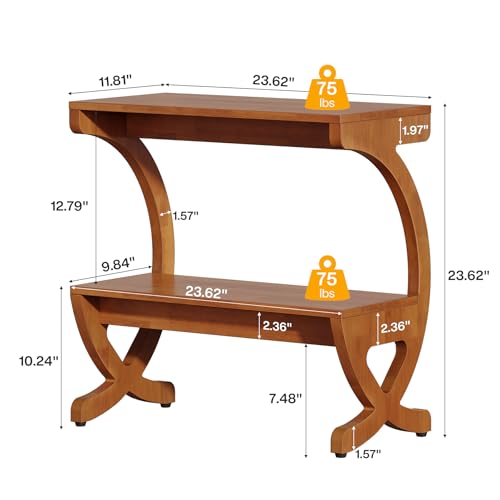 Image of Tribesigns Solid Wood End Table, Narrow 2-Tier Side Table with Storage Shelf, Mid Century Accent Bedside Table with Curved Crossed Legs for Living Room, Bedroom, Small Spaces, Walnut Color