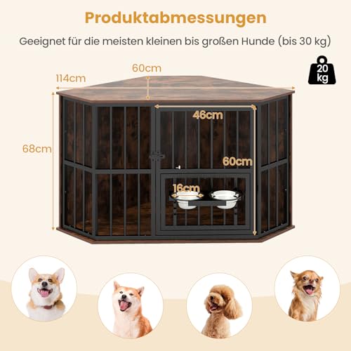 COSTWAY Eck Hundekäfig Möbel, Hundehütte mit verstellbarem Futterspender, 2 Edelstahlnäpfen & abschließbarer Tür, Hundebox aus Holz und Metall, für kleine mittelgroße Hunde, Indoor, Braun