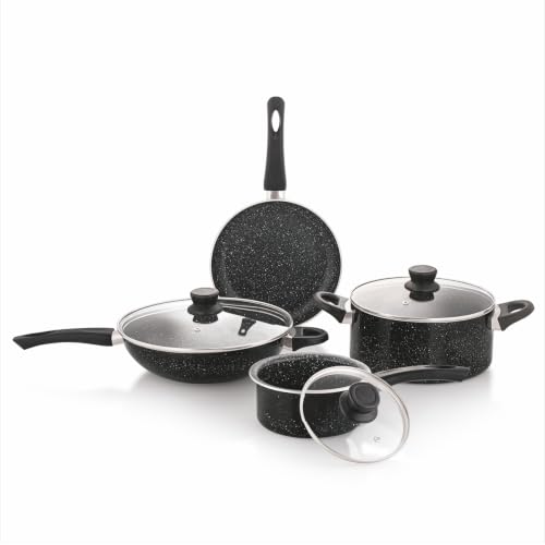 Image of Amazon Basics Granite Nonstick Cookware Set 4 Pieces | 16 cm Saucepan 1.5 L, 24 cm Fry Pan 1.6 L, 24 cm Casserole 4.7 L, 28 cm Wok 3.5 L with Lids | Aluminium Body | Gas & Induction Compatible