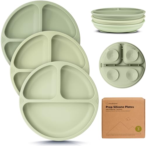 Image of KeaBabies Suction Plates for Baby, Toddler - 3-Pack 100% Silicone Toddler Plates with Suction, Divided, BPA-Free Baby Led Weaning Essentials for Kids, Dishwasher, Microwave Safe, Durable (Sage)