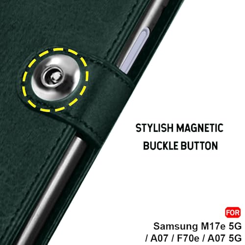 Image of TheGiftKart Flip Cover Back Case for Samsung Galaxy M17e 5G / A07 / F70e / A07 5G | Genuine Leather Finish | Designer Button | Inbuilt Pockets & Stand | Flip Back Cover Case (Faux Leather, Green)