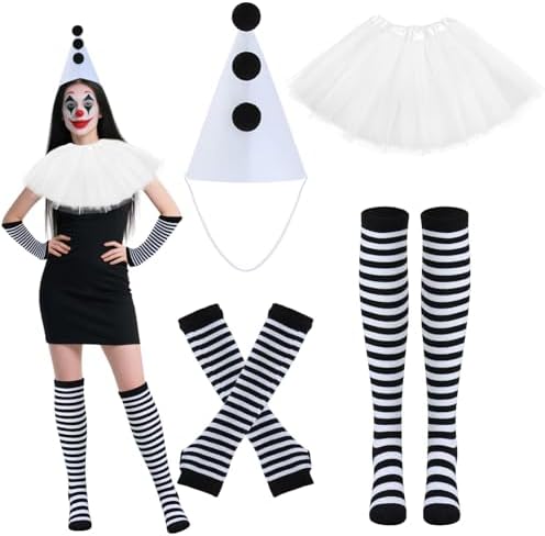 6 PCS Halloween Clown Pierrot Costume Set,Black and White Clown C...