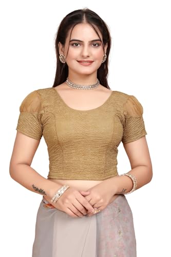 Image of SFT Women's Organza Patch Readymade Saree Blouse with Round Neck Half Sleeves Abstract Pattern Pull On Closure Regular Fit and Standard Length