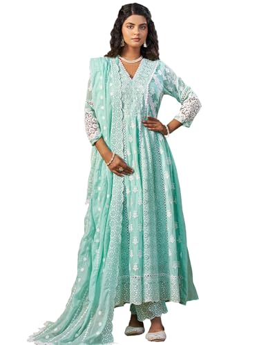 Image of INDO ERA Women's Anarkali Pure Cotton Ethnic Motifs Embroidered Kurta & Pant with Dupatta Set (IEOUT10183)