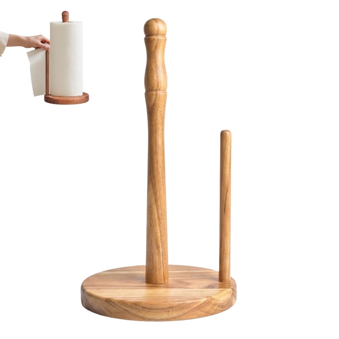 Kitsphere Acacia Wood Paper Towel Holder Countertop with Anti-Slip Weighted Base for Kitchen & Bathroom, One-Handed Operation, Wooden Standing Towel Roll Organizer