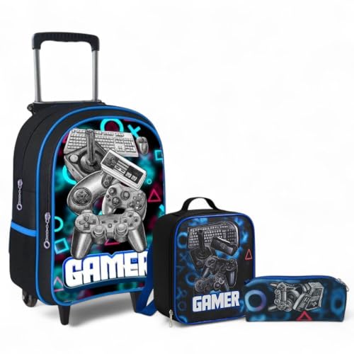 kit Mochila Escolar de Rodinhas Bolsa Infantil Menino Gamer Reforçada e Grande