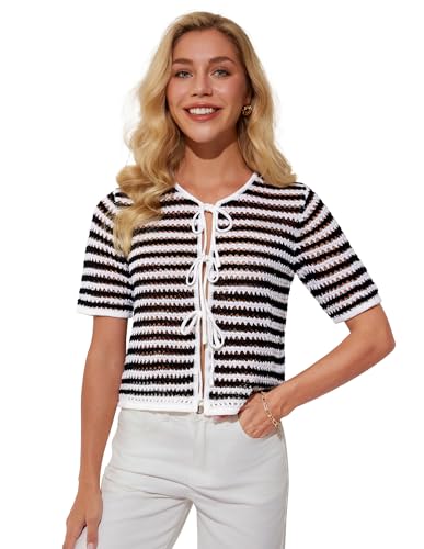 GRACE KARIN Cardigan Court Femme Chic Gilet Tricot Ajouré Manches Courtes Col Rond Nœud Devant et