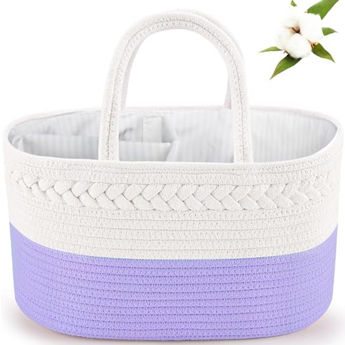 Image of ABenkle Diaper Caddy Organizer, Boho Rustic Cotton Rope Nursery Baby Basket, Changing Table Organizer for Baby Diaper Storage and Baby Shower