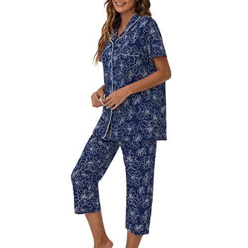 Image of Tugege Capri Pajamas Set Womens Button Down Short Sleeve Lounge Sets Sleepwear Notch Collar Top & Capri 2 Piece PJ Sets