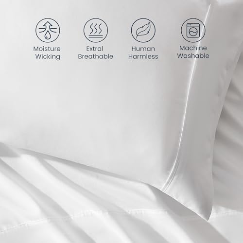 SLEEP ZONE Nanotex Super Soft Cooling Queen Bed Sheets Set 4 Piece - Easy Care Fitted Flat Sheet & Pillowcase Sets - Wrinkle Free, Fade Resistant, Deep Pocket 16" (White, Queen)