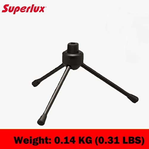 Image of Superlux HM‑6 Foldable Tabletop Microphone Stand | Adjustable 15-20 cm Height | Zinc-Alloy Tripod with Rubber Feet | Includes 20-35 mm Clip & 3 /8″‑to‑5 /8″ Adapter | Studio & Podcast Use