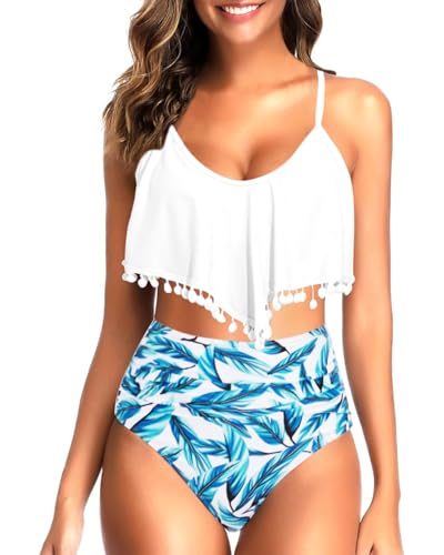 Tempt Me Women Two Piece High Waisted Bikini Set Ruffle Swimsuit Flounce Pom Pom Trim Bathing Suit