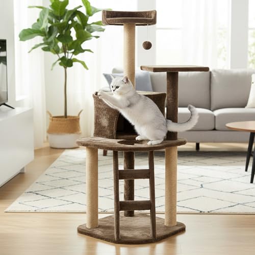 Image of Multi-Level Cat Tree Tower, 47 Inch Tall Green Plush Condo with Natural Jute Posts, Platforms, Perches, 19 Inch Base (FURR-49) (Brown)
