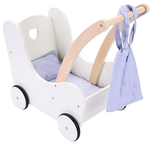 Engelhart – 606014 – Eleganter Puppenwagen aus Holz – Grau und Weiß – Maße: 50 x 28 x 46 cm – Ab 3 Jahre