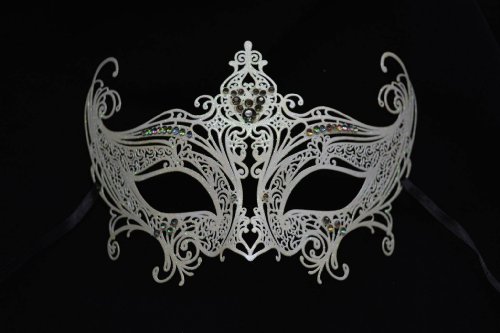 Queen Luxury White Venetian Mardi Gras Masquerade Mask with Color Rhinestones