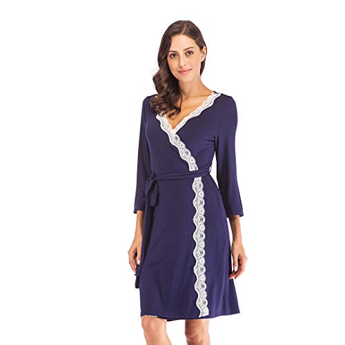 Mini Balabala - Bata para mujer, manga 3/4, kimono, algodón, con cuello en V azul marino (ribete de punta). XL