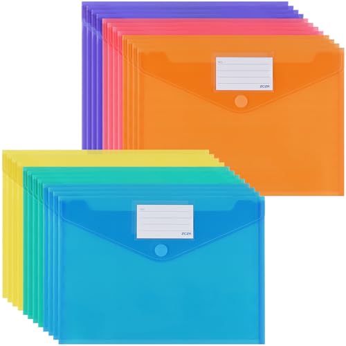 ZCZN 書類収納 クリアホルダー マジックテープ式 クリアファイルバッグ A4 封筒型ファイル a4 透明カラー 6色 24枚セット 横型 タグポケット付き