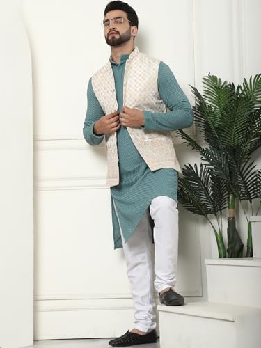 Sojanya (Since 1958 Men's Pure Cotton Sea Green Kurta And White Pyjama With Cream Nehru Jacket