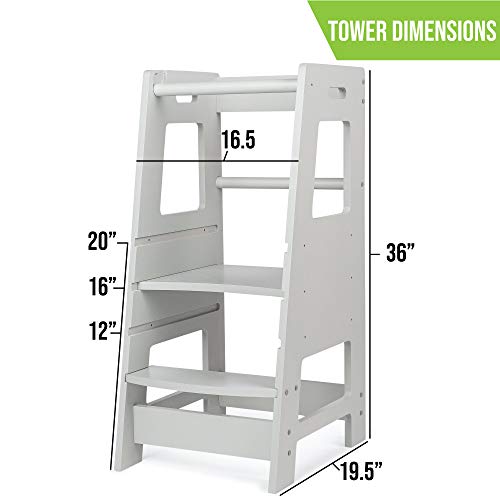 KidzWerks Child Standing Tower - Grey Child Kitchen Step Stool with Adjustable Standing Platform - Wooden Montessori Standing Tower - Kid's Step Stool