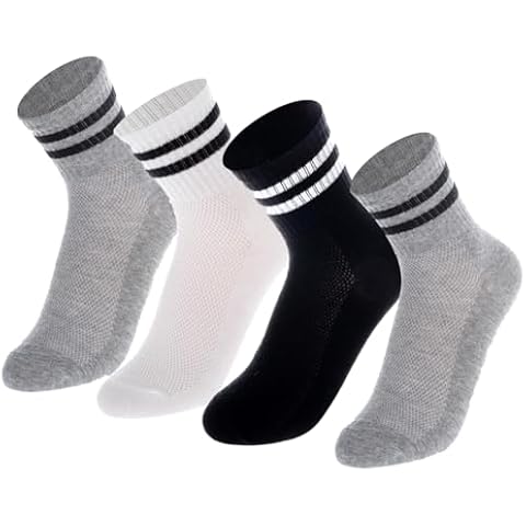 JTYKUYR 4 Pairs of Boys' Athletic Socks Children's Soft Cotton Striped Socks Boys and Girls Retro Striped Socks (Large,Black+Gray+White) Cover