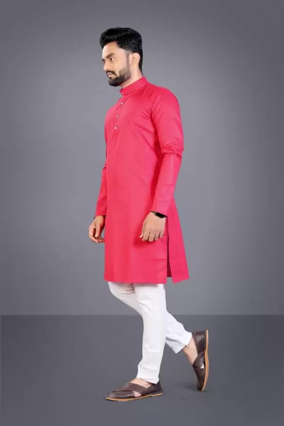 Image of weltpocket Men's Cotton Blend Solid Straight Kurta Pyjama