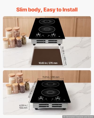 Image of VEVOR Induction Cooktop 12inch 2 Burners Built-in Electric Stove 110V 1800W, Countertop Induction Burner, with 11 Power Levels, Knob Control, Ceramic Glass Surface, Child Lock, for Kitchen, RV