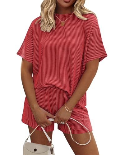 Image of Ekouaer 2 Piece Sets for Women Matching Lounge Sets Summer Outfits | Casual Loungewear, Ribbed Loose Set, Short Sleeve Shirt and Shorts, Crewneck, With Pockets