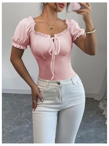 SOLY HUX Women's Summer Bow Tie Short Sleeve T Shirts Square Neck Fitted Going Out Top Aesthetic Clothes Streetwear3