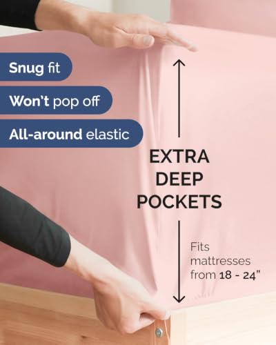 Image of Extra Deep Flex Top Split Head King Fitted Sheet - Hotel Luxury Single Fitted Sheet Only - Easily Fits 18 inch to 24 inch Mattress - Ultra Soft, Wrinkle Free w /Extra Deep Pockets - Baby Pink