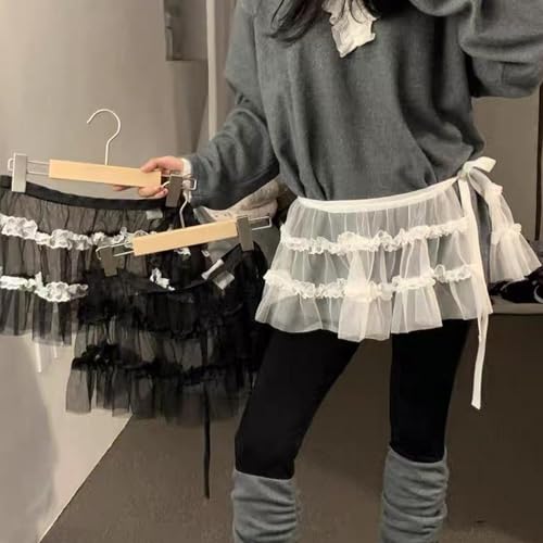 Women Half Skirt Lace Ruffle Adjustable Tie Ruffle Mesh Casual Short Skirts Hip Scarf Skirt Covering for Wedding Parties Black3