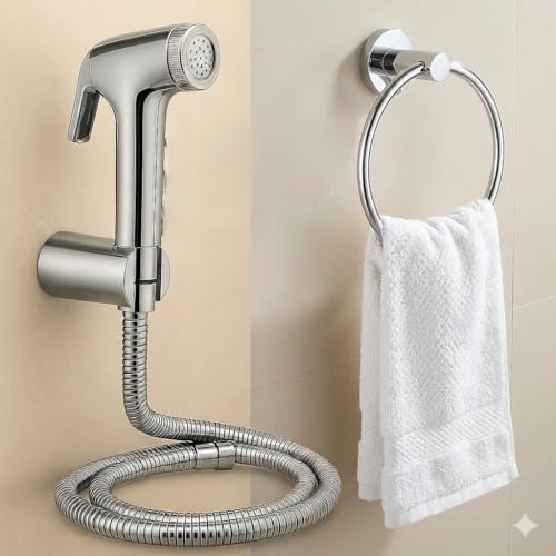 Image of ABS Health Faucet Jet Spray Gun with 1m Hose N Wall Hook | Chrome Finish Toilet Jet Spray for Bathroom Hygiene | Leak Proof | Includes 6-Inch Stainless Steel Napkin Ring Towel Holder (2 Set)