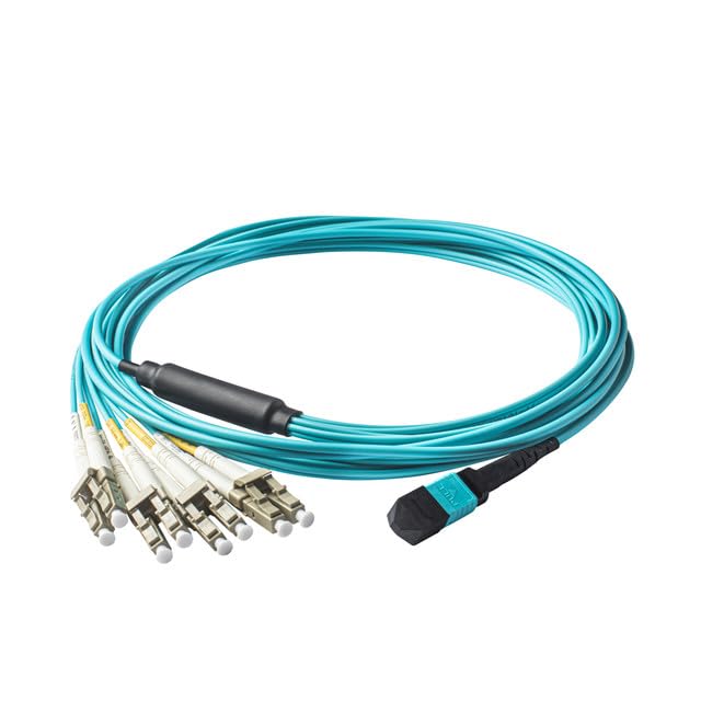 SpeedyFiberTX 6-Pack 500 Feet Low Loss Non-Pinned MPO to 8xLC Fiber Breakout Harness Cable, OM3 Corning ClearCurve Fiber, Aqua Riser OFNR Cable Jacket | MTP Compatible