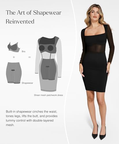 Popilush Long Sleeve Shapewear Dress Mesh Dresses Built in Bra Corset Dresses for Women Tummy Control3