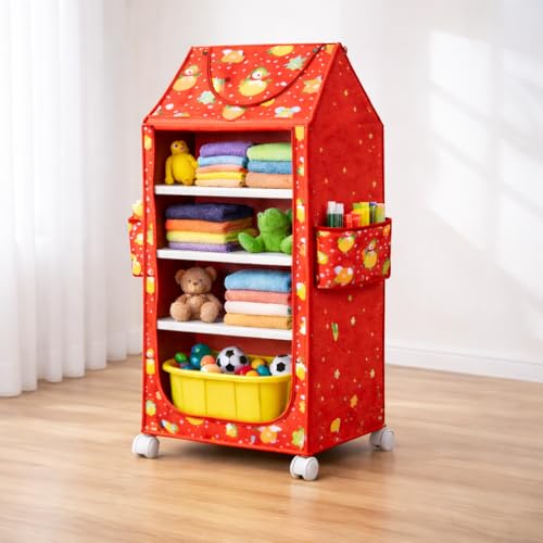 Image of Multipurpose Baby Wardrobe Organizer with 4 Shelves | Baby Clothes Organizer & Storage | Baby Almirah /Almera Plastic Cupboard for Clothes, Foldable (Unbreakable Material) | Cherry Red