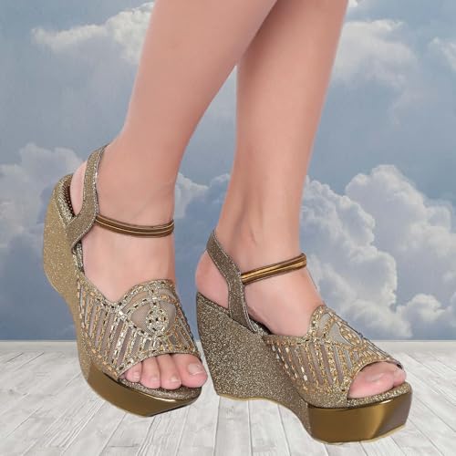 Image of Action Women's Glitter Platform Sandals| Block Heel|Cross-Strap Design with Ankle Strap| Bronze