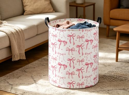 Image of Pink Laundry Basket Bow Hamper for Nursery Hamper Cute Storage Bin Room Decor for Home(Bow)
