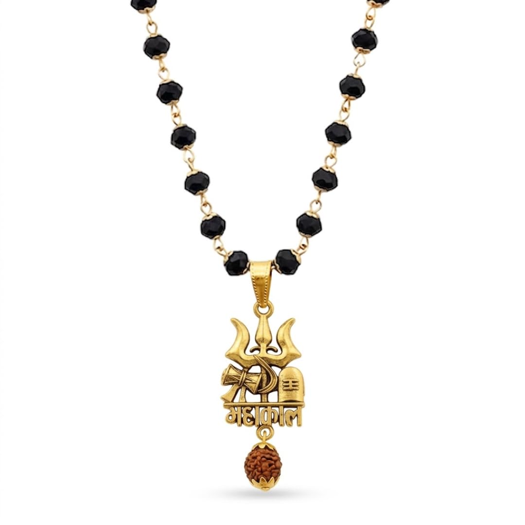 Trishul Pendant Locket for Men with Rudraksha & Black Beads Chain | Mahadev Mahakal Gold Plated Locket | Shiva Religious Jewellery for Positive Energy | Gift for Brother, Friends, Rakhi & Birthday-image-32