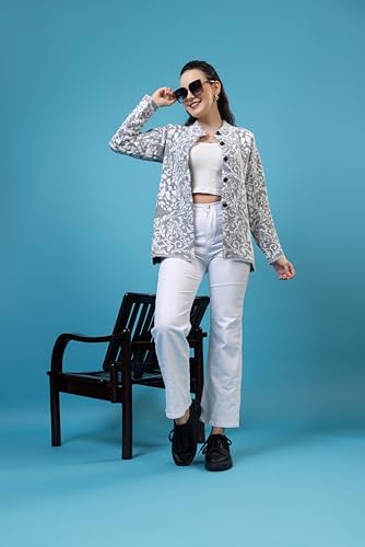 Image of Wear lusso Women Woolen Round Neck Self Design Cardigan | Heavy Hair Fabric Winter Wear | Pure Wool Long Cotty Fully Warm Cardigan Sweater