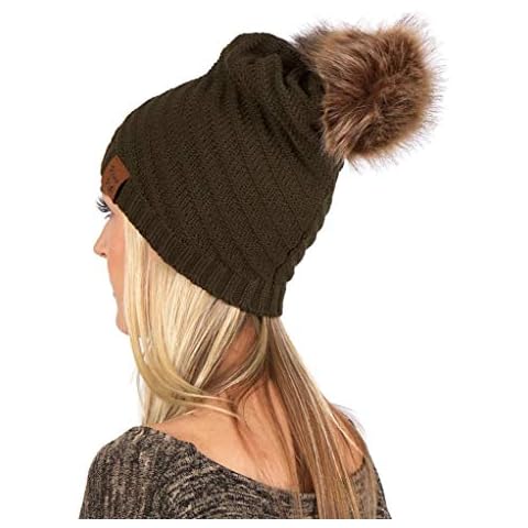 Karen Keith Beanie, Slouchy Warm Winter Hat, Knit with Pom-Pom on Top LTC Hats POM4 (Olive) Cover