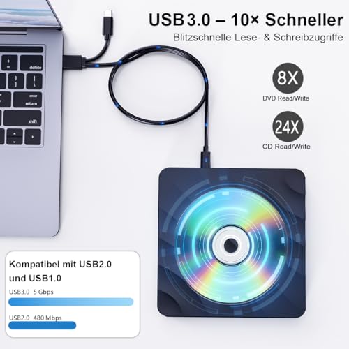 QDSYLQ Externes DVD CD Laufwerk USB: DVD Brenner Extern CD Laufwerk – Ansicht 3