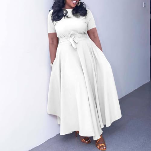 Image of BFFBABY Plus Size Dress A Line Dresses for Women Summer Long Dresses with Sleeve Casual Belted