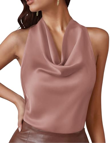 PRETTYGARDEN Satin Halter Tops for Women Dressy Casual Pink,M